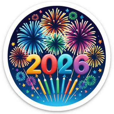 "Happy 2026" in backdrop of colourful fireworks in outline artwork sticker