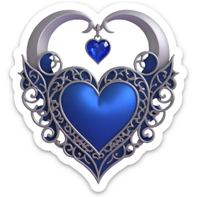 gothic heart, deep blue satin, silver crescent moon, ornate and mysterious sticker