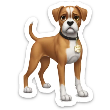 boxer dog with sharp cut ears and a name plaque in form of a bone in its collar that says MIKO sticker