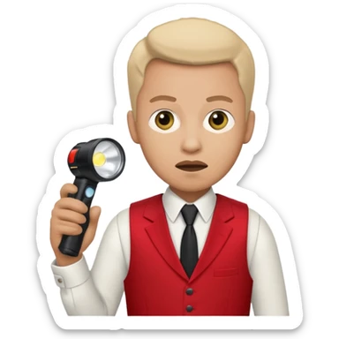 Movie theatre usher in red vest and black tie with flashlight looking scared sticker