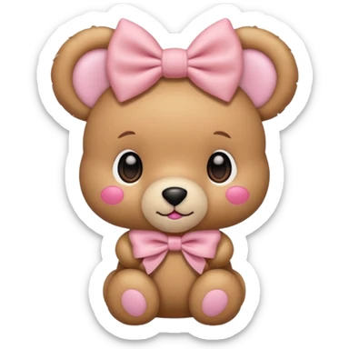 The og emoji teddy bear eith some pink blush and a cute pink coquette bow in the ear sticker