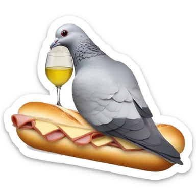 Pigeon with a PSG football club lying on a ham and butter baguette sandwich, drinking white wine sticker