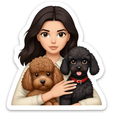 Kendall Jenner with long dark hair holding a brown poodle and a black schnauzer sticker