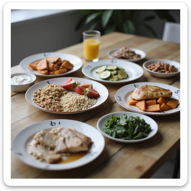 hyperrealistic 4K table with separate plates for 2000 calorie diet: breakfast with Greek yogurt, granola, strawberries; lunch with chicken, barley, zucchini; dinner with tuna, sweet potatoes, spinach; snacks with banana, almonds, protein bar. Plates labeled with calories, modern kitchen atmosphere sticker