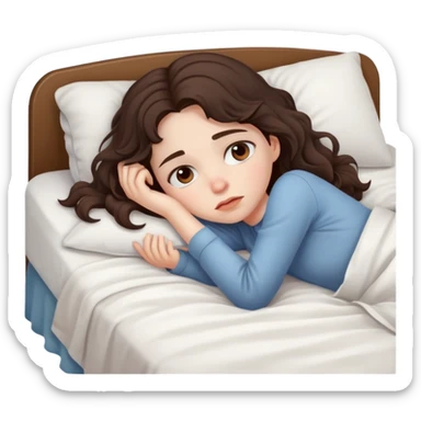 a very tired young girl with wavy dark brown hair laying on her bed sticker