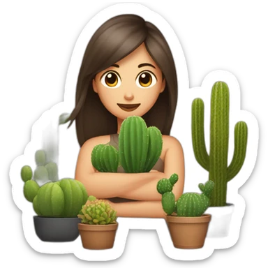 Femme brune qui tient trois petit cactus sticker