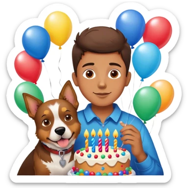 boy and his dog at party with balloons and cake sticker