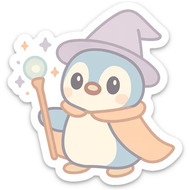a heroic penguin wizard with a flowing cape, staff, and glowing magical effects sticker