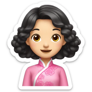 asian girl smiling, wavy black hair posing with pink ao dai full body side pose sticker