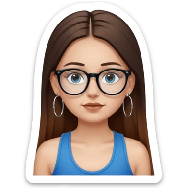 White girl with long straight brown hair and blue eyes wearing plastic frame glasses that go from black to clear ombré from top to bottom. Septum nose piercing and stud nose piercing on right side of nose. Wearing BLACK tank top. Wearing big hoop earrings  sticker