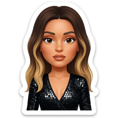 Jade Thirlwall with brown eyes, long dark brown hair with light blonde, black sequin jumpsuit sticker