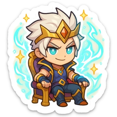 Viego in Soul Fighter skin, chibi emoji style, sitting on a king's chair, with stylized Soul Fighter effects, sparkles and glowing energy, cute and powerful look sticker