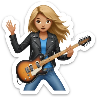 Young woman – standing on stage, leather jacket, playing electric guitar, energetic pose sticker