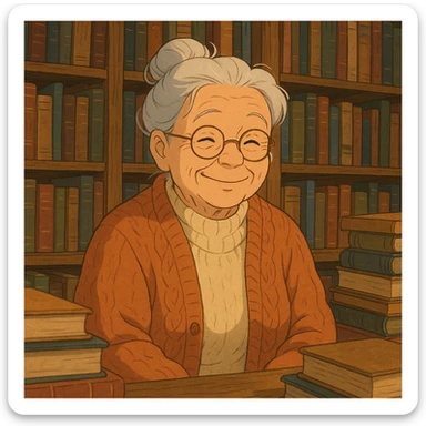 ghibli style elderly smiling librarian granny, warm expression, glasses, cozy sweater, surrounded by books sticker