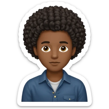 Garoto estiloso, bonito, gentil, de pele negra com cabelo cacheado e grande sticker