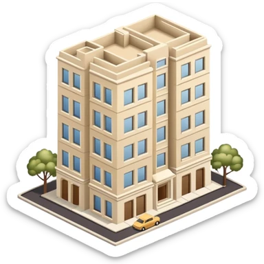 Upper East Side beige apartment building high-rise, isometric dollhouse-style, realistic sticker