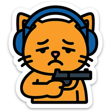 tired sad cat holding a gun, wearing headphones, colored icon sticker