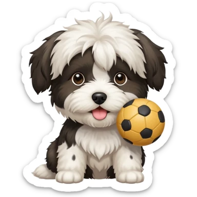 white Havenese with black spots dog standing with small ball sticker