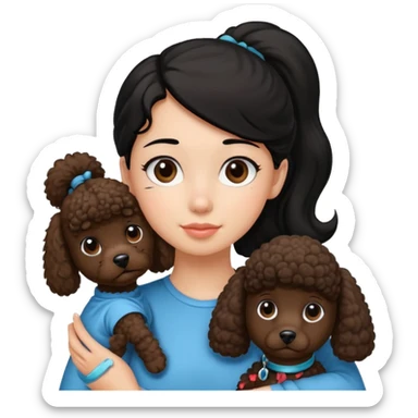 Ponytail black hair girl with brown Poodle say goodbye  sticker
