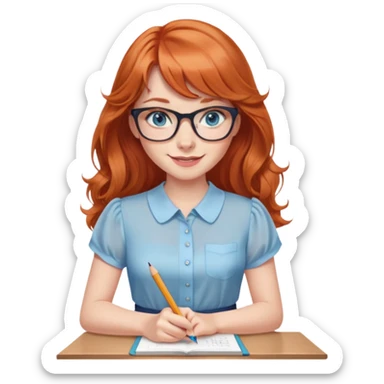 redheaded woman with long wavy hair and bangs, blue eyes, clear cat-eye glasses, short-sleeve apricot blouse, pencil skirt, holding a pencil, smiling sticker