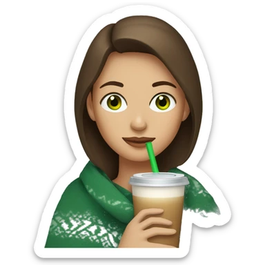 Woman with green eyes and brown hair cozy with a blanket drinking iced coffee sticker