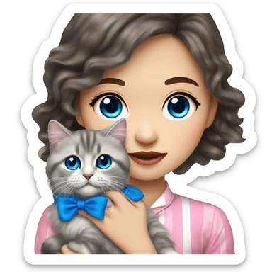Long Brunette wavy hair Asian girl holding fluffy Ragdoll with blue eyes and pink bow collar and gray striped Scottish fold cat   sticker