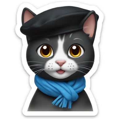 Smiling cat wearing a black beret and a blue scarf sticker