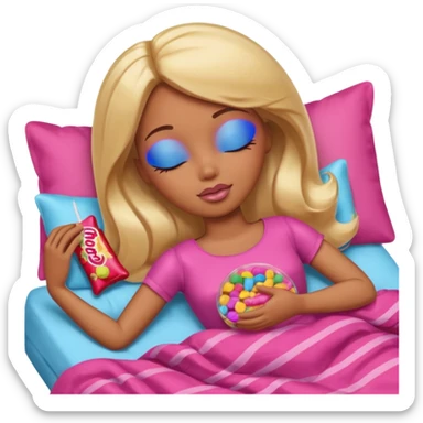 Brown skin blonde hair Barbie sleeping in bed with eyes closed with candy sticker