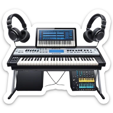 Create a professional and artistic emoji that represents writing music tracks. The design should feature a large monitor displaying musical notes or a score, positioned in front of a professional Korg synthesizer. Add elements like studio headphones, a MIDI keyboard, and an audio interface to symbolize the tools used in music production. Use sleek, modern colors like silver, black, and neon accents to convey the professional environment of music composition. The background should be transparent. sticker