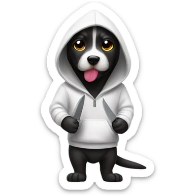 Dog wearing hoodie with a knife sticker