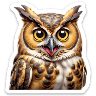 Cinematic Comical Great Horned Owl Portrait Emoji, Head tilted dramatically with an exaggeratedly amused expression, featuring a strikingly patterned mottled plumage with bold contrasts, wide, expressive golden eyes filled with playful disbelief, Simplified yet hilariously expressive features, highly detailed, glowing with a slightly sassy glow, high shine, dramatic yet playful, stylized with an air of cheeky nocturnal mischief, bright and endearing, soft glowing outline, capturing the essence of a spirited and over-the-top owl, so meme-worthy it feels like it could hoot its way into internet fame instantly! sticker