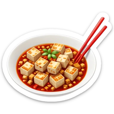 Sichuan Mapo Tofu spicy red dish with tofu cubes, simplified emoji style with bold outlines and bright colors, cartoon style national famous Chinese cuisine sticker