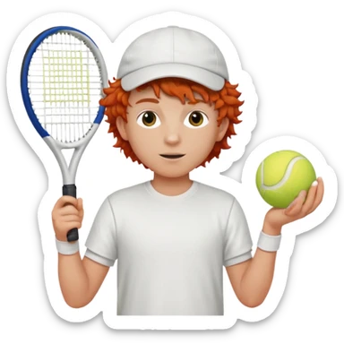 Ragazzo con capelli rossi e ricci,  con maglietta bianca, berretto bianco, pallina e racchetta da tennis sticker