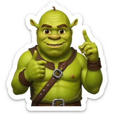 Sherk with pointer finger on his thumb sticker