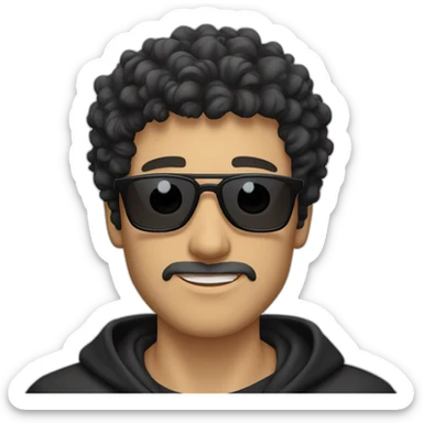 Caucasian man with black curly hair and stubble wearing black hoodie and sunglasses  sticker