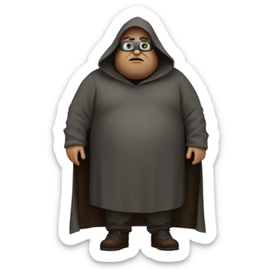 Fat guy shrouded in a dark brown grey cloak he has goggles and a fat enough underneath his hood and the hood is closed down to his big feet sticker