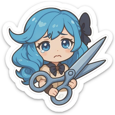 Gwen from League of Legends, chibi style, sad emote, oversized scissors, blue hair, teary eyes, cute doll-like expression sticker