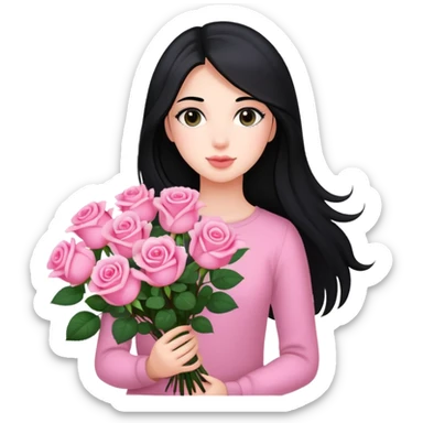 A beautiful girl with long black hair holding a bouquet of pink roses sticker