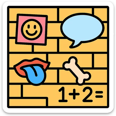 color outline icon style wall of jokes, a lineal color icon style scene of a wall covered with various humorous illustrations and jokes sticker