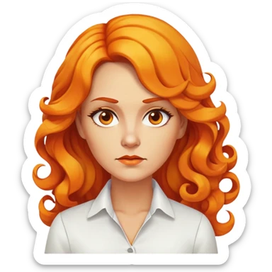 nữ 40 tuổi, da vàng, tóc dài xoăn phần đuôi màu cam, mặt nghiêm túc, áo trắng ko có cổ sticker