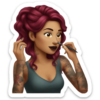 Beautiful tattooed burgundy long haired woman doing her makeup sticker