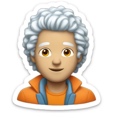 light blue skin curly white hair man with orange jacket sticker