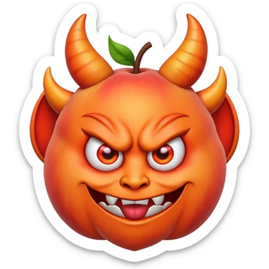 A peach with devil horns and a devil face sticker