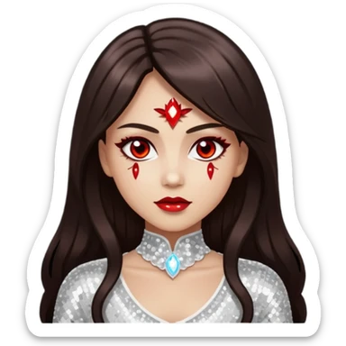 Bloody Mary with light skin, long dark brown hair, red eye, white sequin outfit sticker