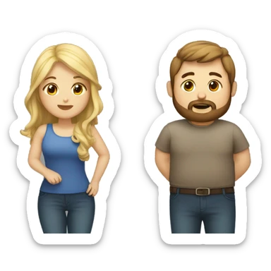 chubby girl with blond highlights talking to a brown haired man with a beard sticker