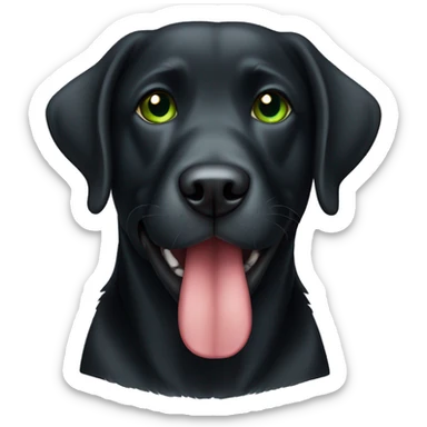 Old Black Labrador with green collar and mouth closed sticker