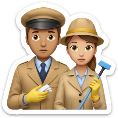 a Detective man with beige hat, a beige coat is interviewing the cleaning Lady with Brown hair, high ponytail and yellow cleaning gloves sticker