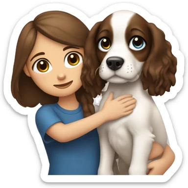spaniel dog in the arms of a blue-eyed brunette girl sticker