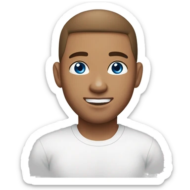 A guy with blue eyes, light skin, shaved brown hair under 0.5, white T-shirt, silver earring piercing with cross on left ear. sticker