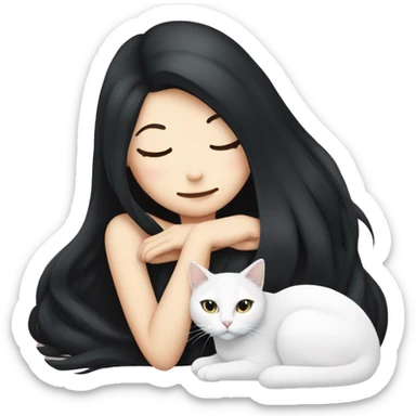 A pretty white girl with very long black hair and sleeping curled up to a white cat  sticker